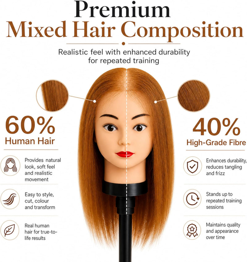 Athena Hair Mesh Integration Training Mannequin Head – 60% Human Hair & 40% High-Grade Fibre for Hair Loss System & Replacement Practice