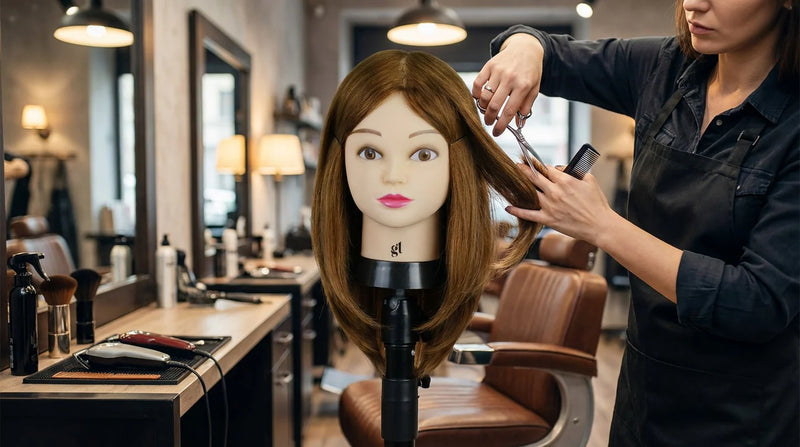 GL Hair 16” Hairdressing Training Mannequin Head – Mixed Human & High-Grade Fibre Hair for Hair Extension, Braiding, Cutting (Golden Brown (16inch)